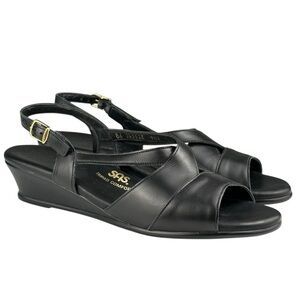 SAS Caress Cross Strap Wedge Sandal Black Size 9.5N Women’s Comfort Shoe